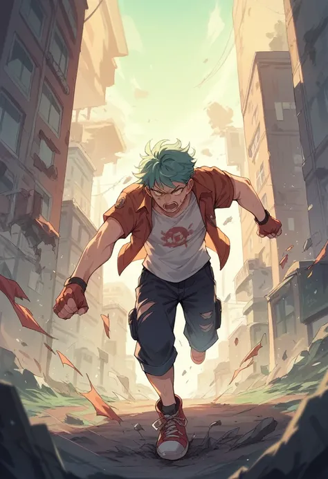 Zombies running through a destroyed city "anime style"