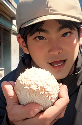 a man holding a rice ball close to his mouth、man with open mouth、man looking at rice balls