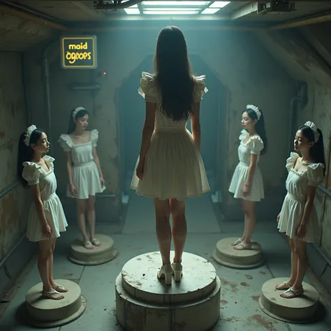 in an abandoned room of a spaceship, There is a beautiful young European woman with her eyes closed and she is standing on a pedestal., in heels and a maid outfit with sexy tights, The woman has a barcode tag on her arm., Nearby are other women standing wi...