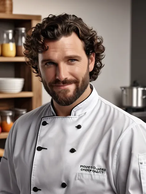 a handsome man with curly black hair, dark brown eyes, and a beard, wearing a chefs uniform including a dolman, sensual with a charming and seductive smirk on his face, tan skin, tall, well-built, professional kitchen,(best quality,4k,8k,highres,masterpiec...