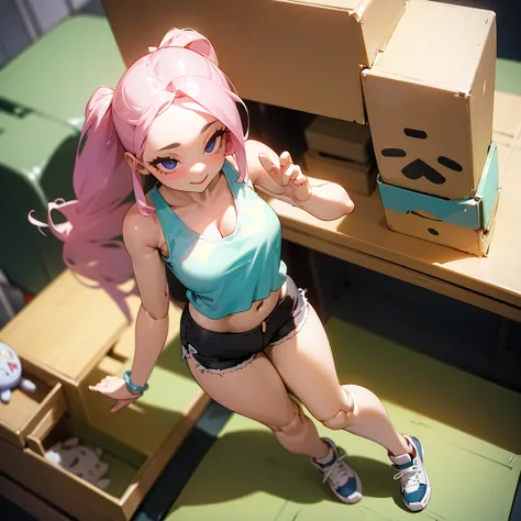 Figurine girl, doll girl, doll joints, plastic hair, plastic skin, nervous but excited expression, curvy build, cluttered desk, tank top, shorts, hips, sneakers, from above, high detail