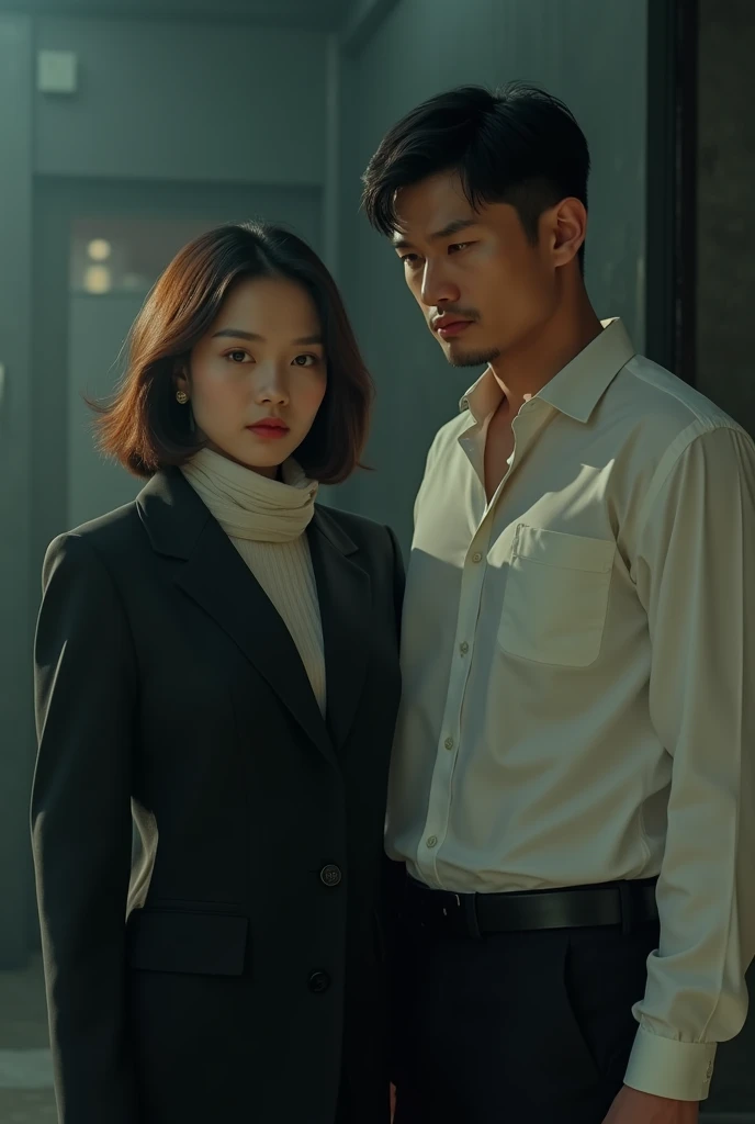 a one woman, age 25, brownhair, Chinesa, Linda. Wearing a secretary outfit. 
Wearing a tight scarf hiding her neck. Movie girl type, next to him a 3 man, strong muscular chinese 1.70 meters wearing a suit. Movie heartthrob type Action movie cover 