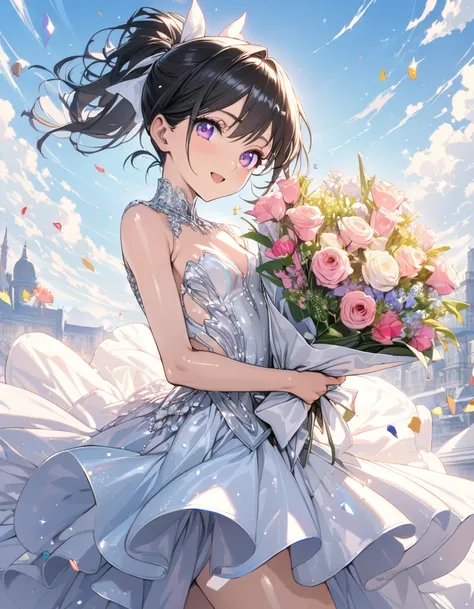 (masterpiece)、(absurdres)、(ultra detailed)、(8k),Anatomically correct,anime illustration,(solo lady,shiny black hair,shiny purple eyes,short highponytail,(1white ribbon;1.1),(small breast:0.9),(Gorgeous sparkling dress:1.2),BREAK,Holding a colorful bouquet ...