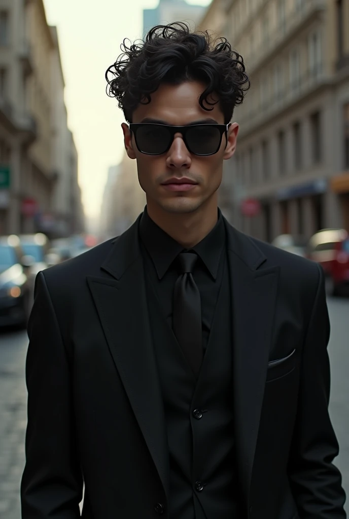 a 5 man wearing a suit, skinny with dark black curly hair, wearing dark glasses. light skin tone