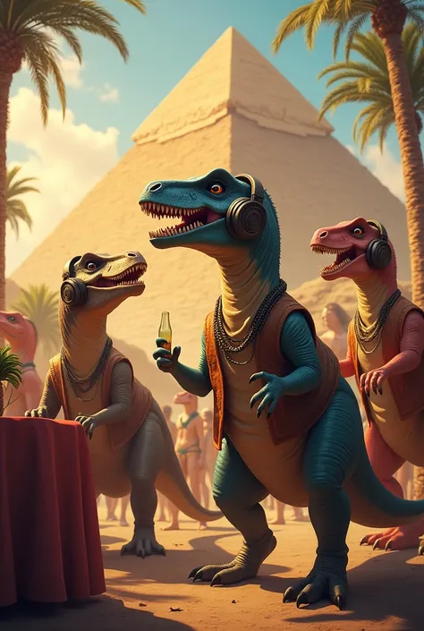 Dinosaurs at a party in Egypt among the pyramids, one of them singing to liven up the modern party, the dinosaurs with headphones and very stylish. 
