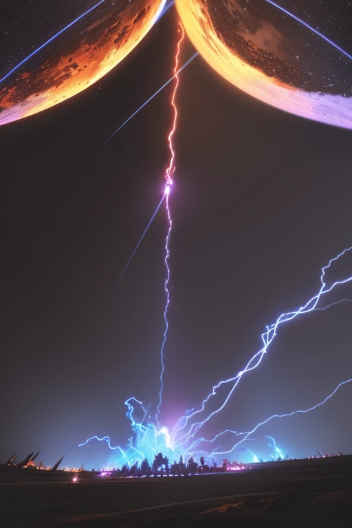 the ground covered in black flames while blue,red, and purple lightning is striking down to the flames and ground with a moon in the middle that has a golden ring glowing down on all the chaos