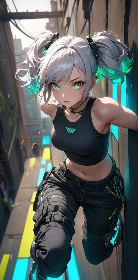 Ultra high resolution, rich colors, perfect image, best quality, detailed image, beautiful single woman, glowing skin, skin and clothing texture, delicate eyes, parkour, wall running, cyberpunk, silver hair twin tails, green eyes