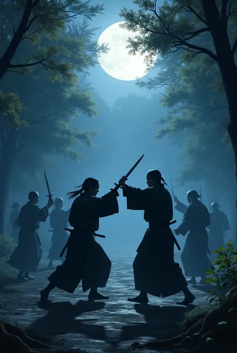 Japanese ninja training hand-to-hand combat with other ninjas at night 