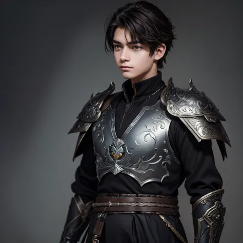 A boy worn classical armor standing in front of a grey background, The Detailed Art, Genshin Impact, Highly detailed art gems, portrait, Black-haired wizard, brown Electro Eye