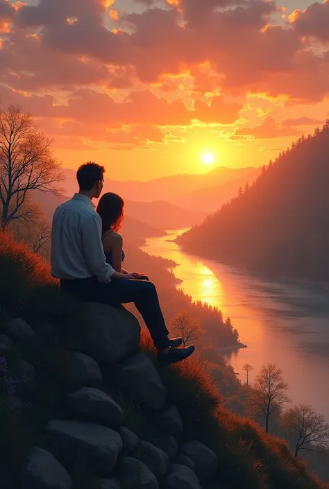 A man sit on hill sunset time
A river flow in side and woman sit behind the man