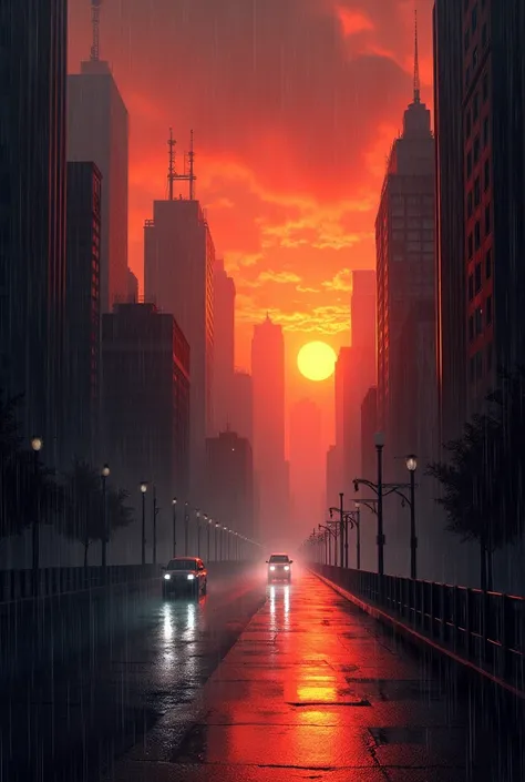 A sunset city with a heavy rain 