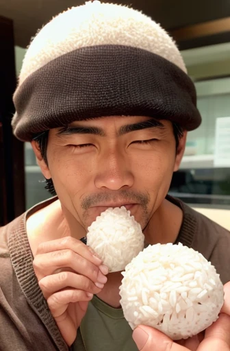 a man holding a rice ball close to his mouth、man eating rice ball