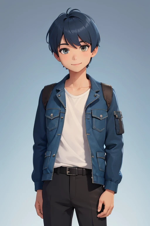 1boy, solo, pretty boy, short blue hair, bob-cut style, brown eyes, (wearing: opened blue jacket, white undershirt and black pan...