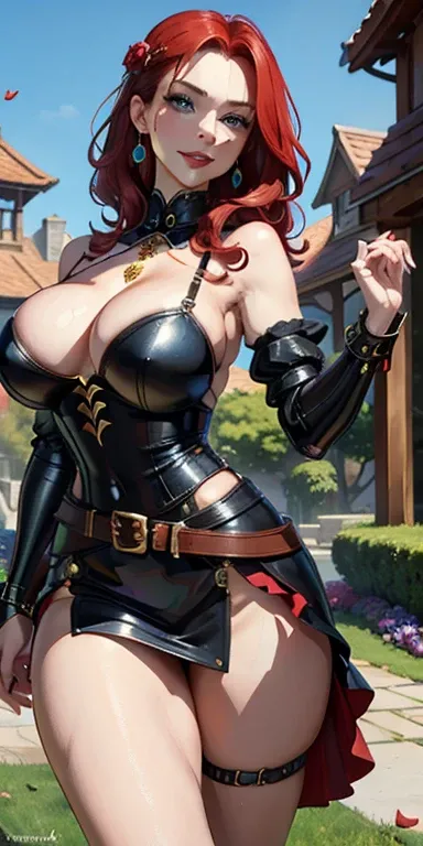 (masterpiece, Best Quality:1.4), looking at the viewer, cowboy shot, affected smile, malty melromarc, Red hair, by the wide, green eyes, exposed cleavage, big breasts, big breasts, hair ornament, earrings, jewelry, armor, armored dress, dress, separate sle...