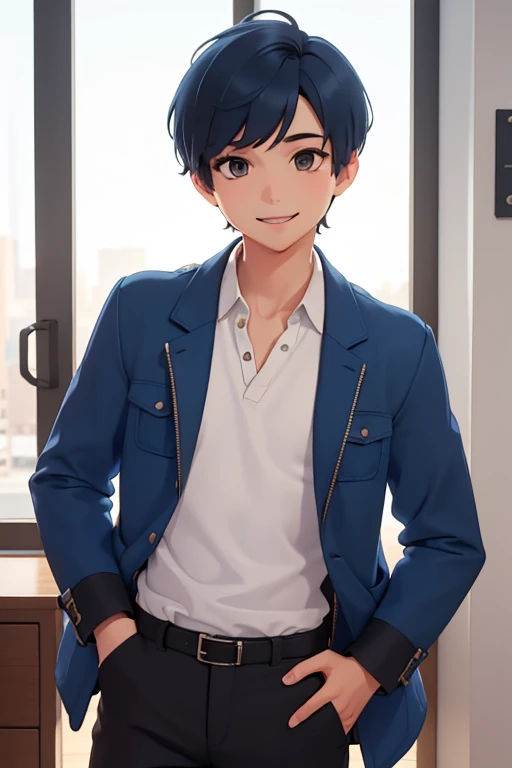 1boy, solo, pretty boy, short blue hair, bob-cut style, brown eyes, (Wearing: opened blue jacket, white undershirt and black pants), looking at viewer, smiling, his appearance reflects his cute and innocent personality
