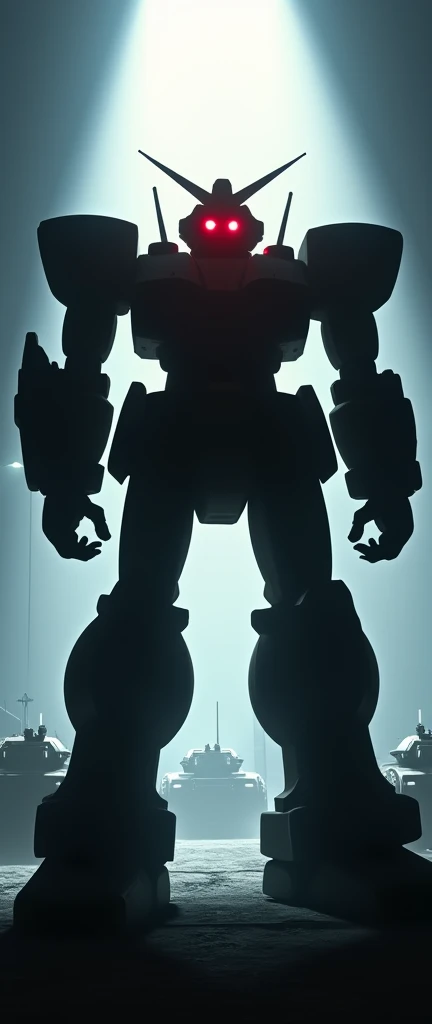 The backlight makes the Zaku look like a silhouette.、Only the eyes glow red、Spotlight、Armored vehicles