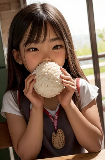 a girl holding a rice ball close to her mouth