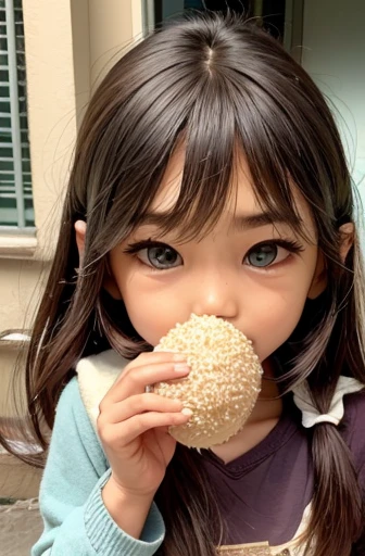 a girl holding a rice ball close to her mouth