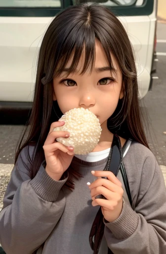 a girl holding a rice ball close to her mouth