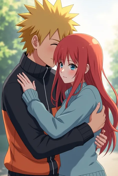 Naruto Uzumaki with yellow hair hugging a slightly orange copper redhead girl with long, loose, straight hair without ponytails with headphones on her neck outside her blue hair and blue eyes with bangs on the sides and long to her cheeks and a long lock o...