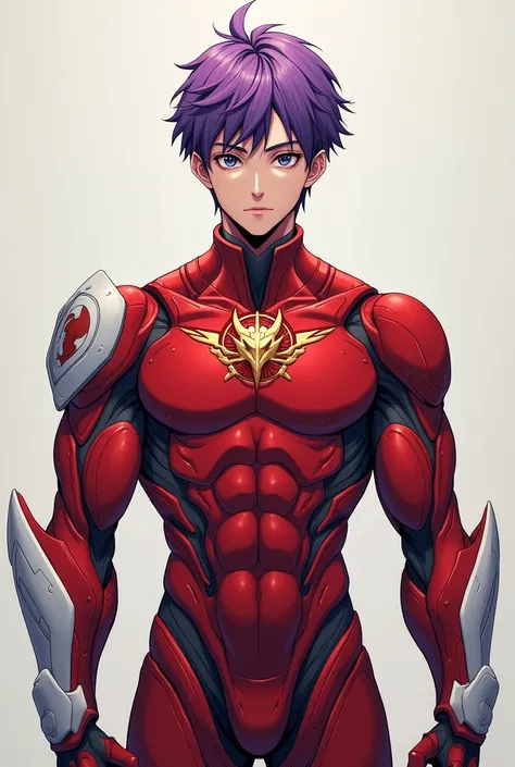 1male, 20 years old, sporting build, tall height, nanotechnolical red armor with dragon emblem, purple hair, calm look, calm pose, closed mouth, full focus on body, look at the viewer, anime style, 16K, Best quality, high quality, accurate, masterpiece, uh...