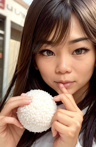 woman looking at camera holding rice ball close to her mouth