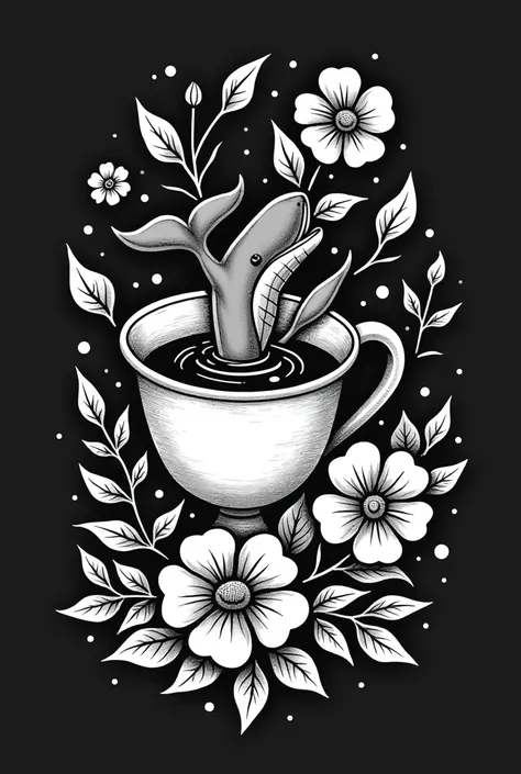 Old school black and white tattoo of a cup with a whale diving into the cup and traditional old school flowers around it 