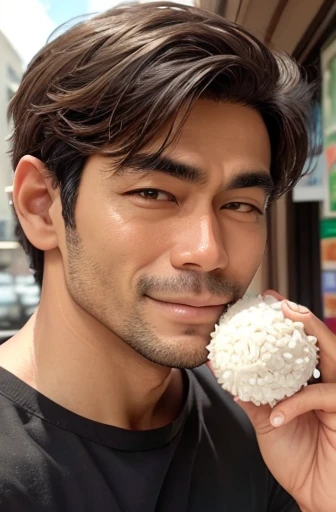 man looking at camera holding rice ball close to his mouth