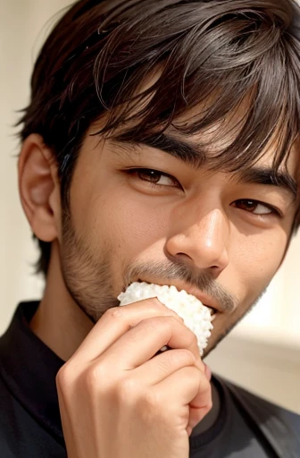 man looking at camera holding rice ball close to his mouth