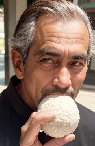 man looking at camera holding rice ball close to his mouth