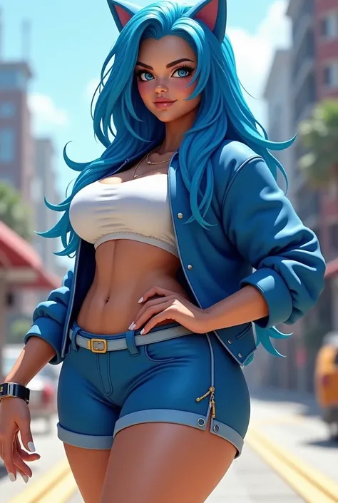 Sonic if he was a human woman with many curves, in blue shorts, white top, blue jacket and blue hair