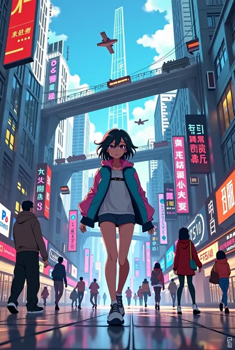 A 2d animated girl walking down the streets of a cyber city