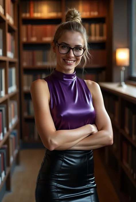 complete photo of a 30 years old woman with light brownblond hair tied to a strict bun. She is standing in a library.  She is wearing a sleeveless high neck purple latex blouse and a long black leather pencil skirt. She is wearing glasses and is holding a ...