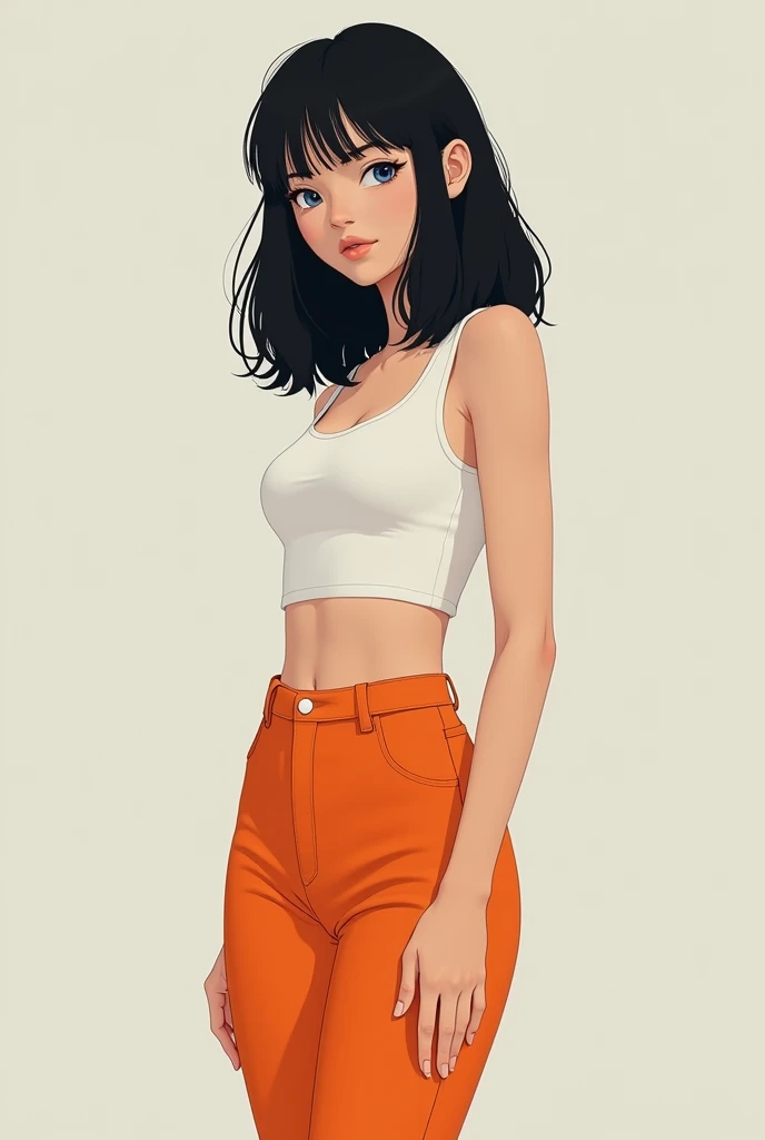 White girl A short blue eyes color black hair girl wearing white crop top with orange pants whos tall