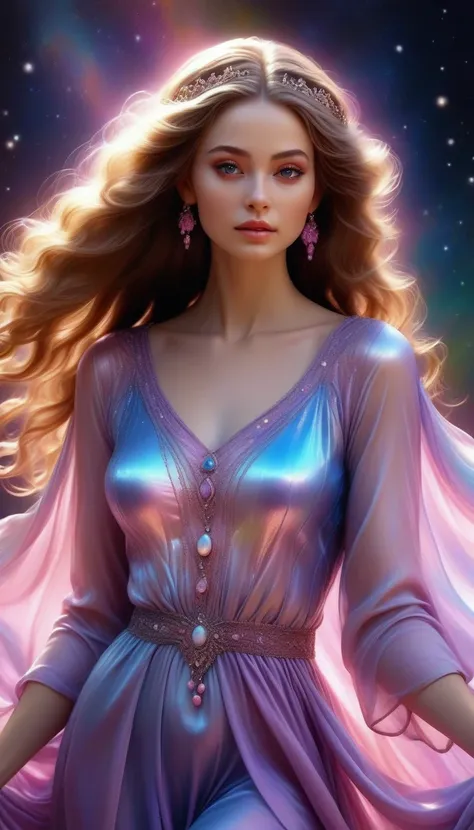 digital painting :the soul of tenderness and beauty, grace, bimbo style, princess in a beautiful airy and weightless tunic made ...