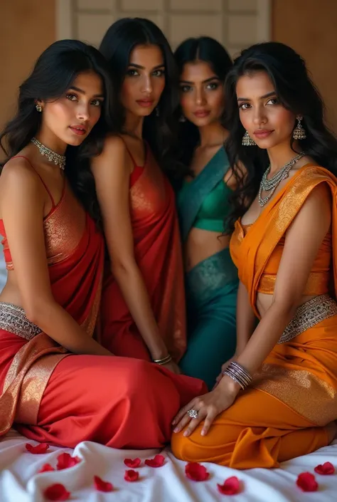 4 hot sexy girl with fair skin wearing different colours saree with three silver waist chain and showing their navel in front  , add a bed in Background with flowers petal on it  