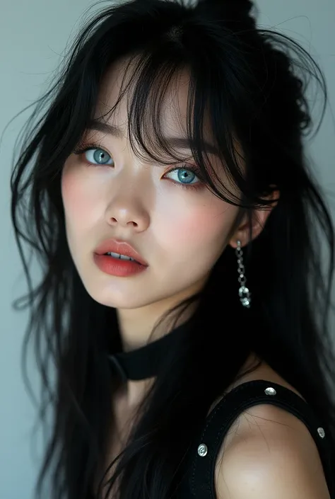 Beautiful Korean girl with blue eyes, black hair, long and rocker style, Realistic photos 