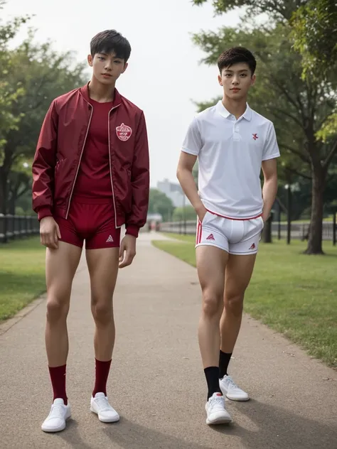  teenagers , very young , light-skin , wearing an dark red sexy underwear, tmasterpiece，k hd，the feet，Transparent sports vest，semi transparent，black long socks，The barefoot , red colour , handsome and cute , extreme cute boy , white skin , dark red underwe...