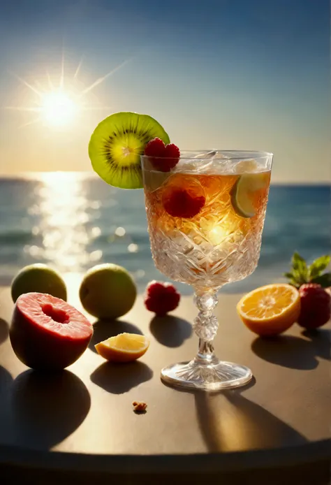 cocktail with fruit on table on beach, intense backlight, sun in background, glasses glistening in light, blurred background, 
m...