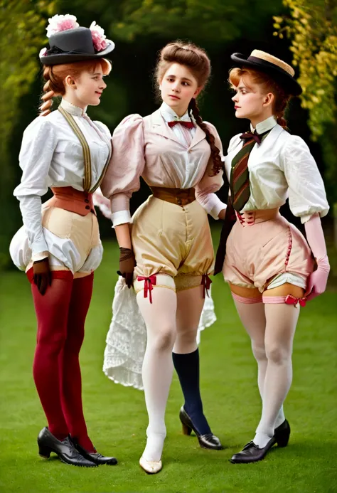 a group of teenage girls, of different hair colors, ages 13 to 15, flirting with old perverts in the 1890s, (((showing some leg,...