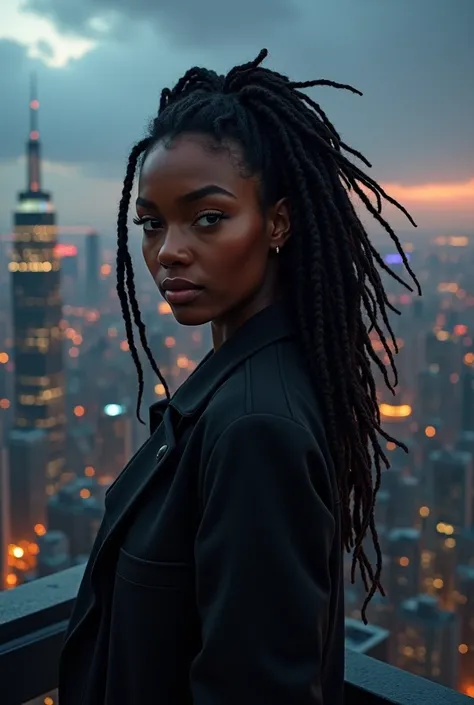 Black woman with dreadlocks standing in front of a city skyline, unreal 5. rpg portrait, cinematic realistic portrait, high quality portrait, realistic face moody lighting, photorealistic artstyle, beautiful city black woman only, detailed character portra...