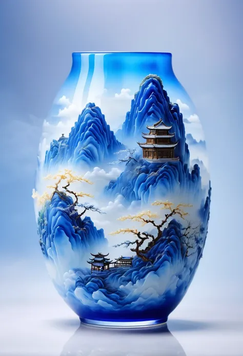 micro landscape pattern carved on blue and white porcelain vase，translucent glass material,blue-white gradient,traditional chine...