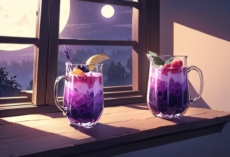 A pitcher of a purple mixed drink with slices of fruit in it sits on a window ledge, it is backlit by the moon