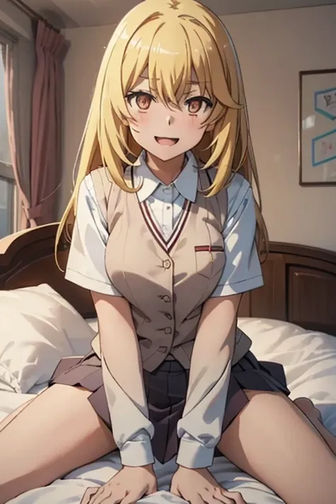 shokuhou misaki, at the bed, blonde, looking at someone while straddling them, school uniform, skirt, spread your legs, smile, o...