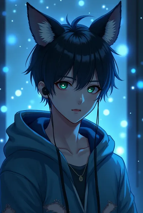 man,Asia,short hair, black hair, animal ears, earphones, Put the hood down., Twinkling light, looking at the audience, Realistic,The dress is torn.,Blue light,Dog Spirit,