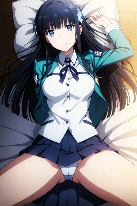 Miyuki Shiba, The Irregular at Magic High School,  Snowflake hair ornament, At the bed, Lying down, school uniform, skirt, Spread your legs, smile, Open your mouth