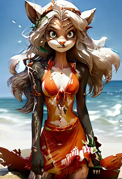 Shark woman, fox, small breasts, big breasts, shark woman wearing seashell, fox woman wearing skirted swimsuit, fox girl stripping, on a beach, midnight