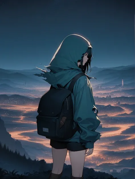 score_9, score_8_up, score_7_up, score_anime, masterpiece, top quality, delicate illustration, sharp lines, sharp focus, BREAK, a traveling girl wandering in the endless night world, the girl wears a hood and has a lot of stuff in her backpack, night , fan...