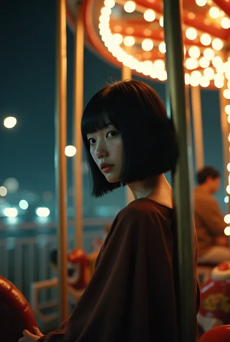 Beautiful woman riding a merry-go-round、night、live-action、Real、Photographic expression、Japanese、Bobcut、Black Hair、Adult female。Shooting with a wide-angle camera
