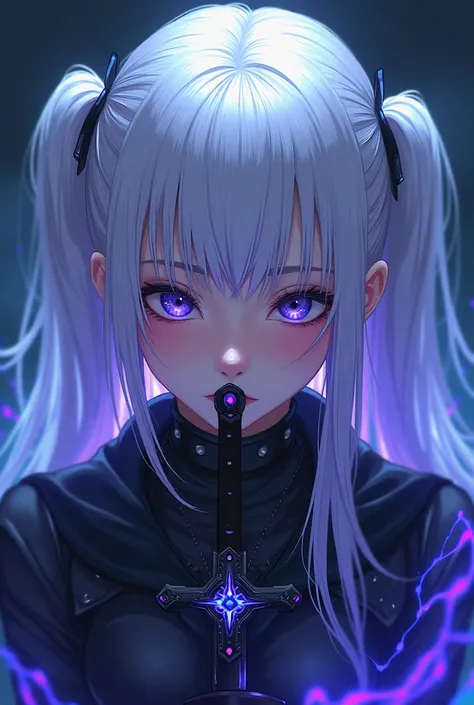 (((work of art))),(((best qualityer))),(((extremely detaild))),illustration,4K, 1 female teenager(Kizi)White hair with purple, blue eyes with beautiful pink details, serene gaze, angelic face ralista, dark blue aura, sword embedded in the hand passing in f...